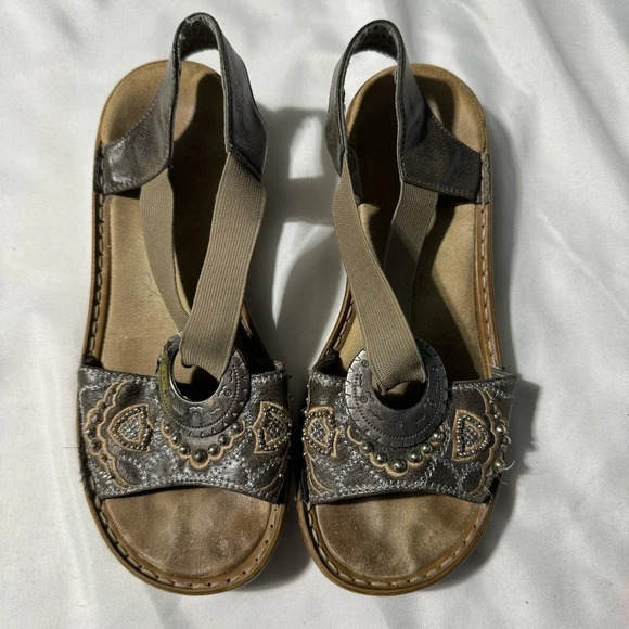 Rieker Metallic Silver Sandals Ankle Trap  size 5 1/2 - Picture 1 of 13